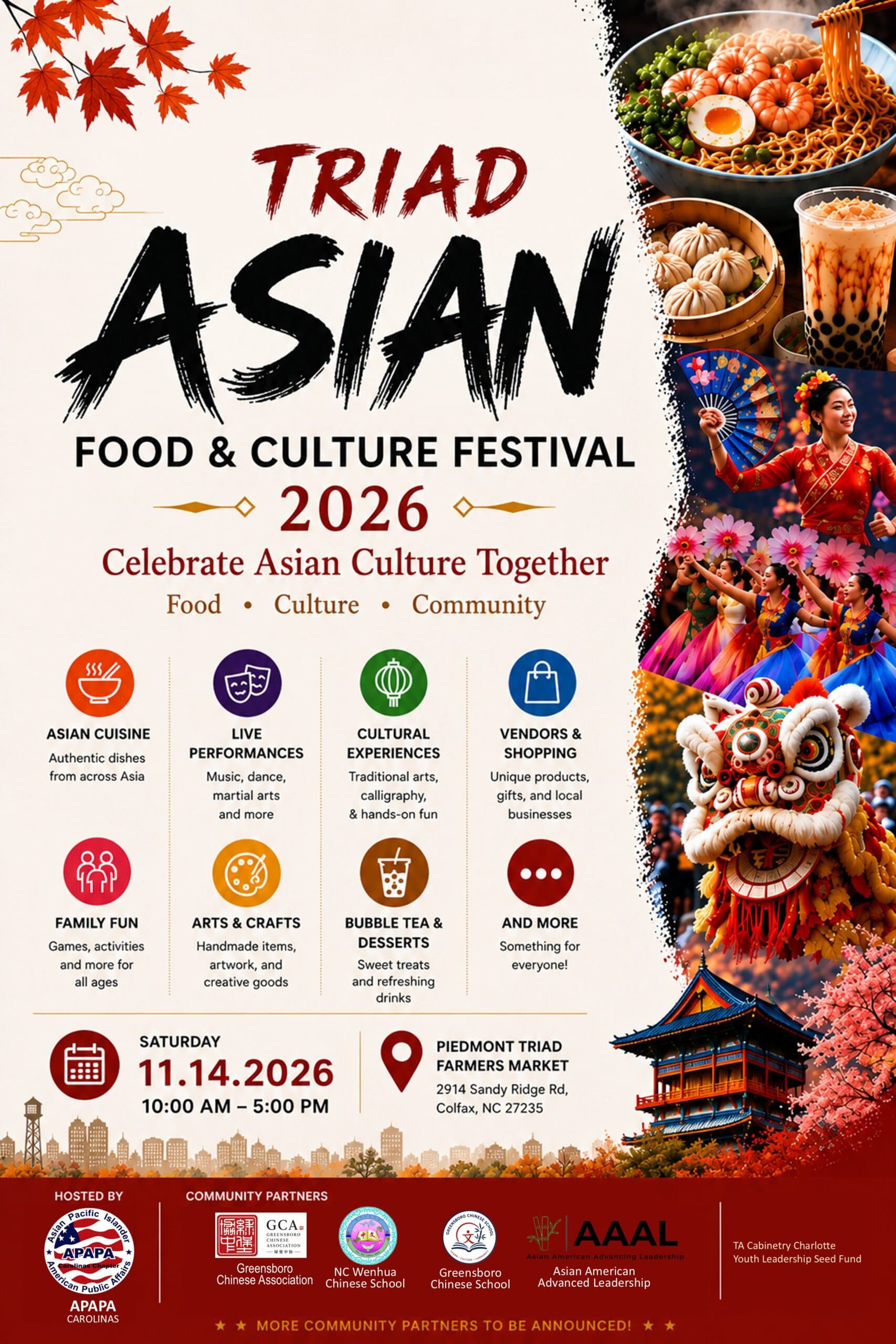 Official Triad Asian Food & Culture Festival 2026 poster featuring Asian food and cultural performances; November 14, 10 AM–5 PM, Piedmont Triad Farmers Market in Colfax
